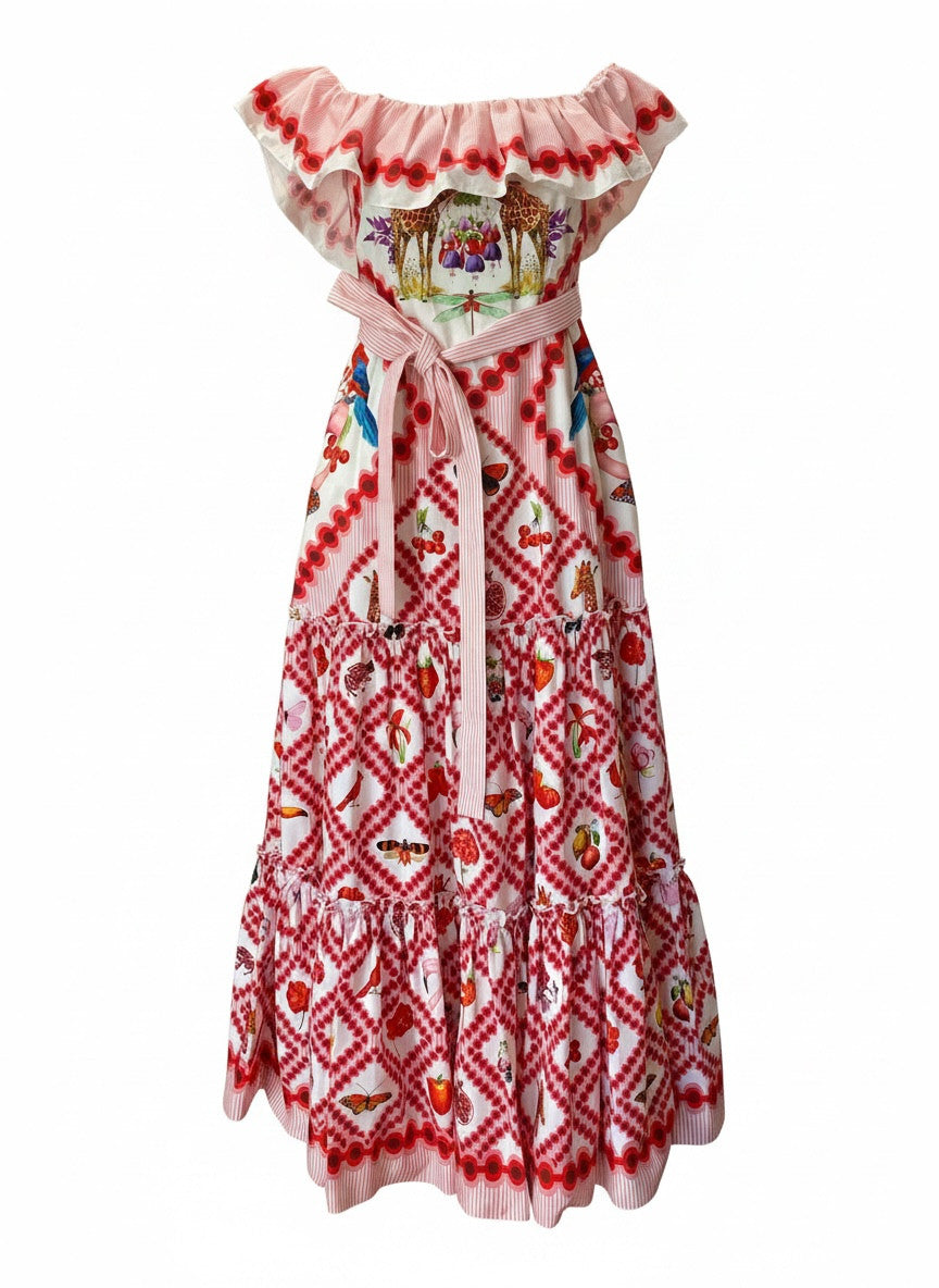 Mary Katrantzou Ruffled Printed Dress with Belt – White & Red – Size Unspecified