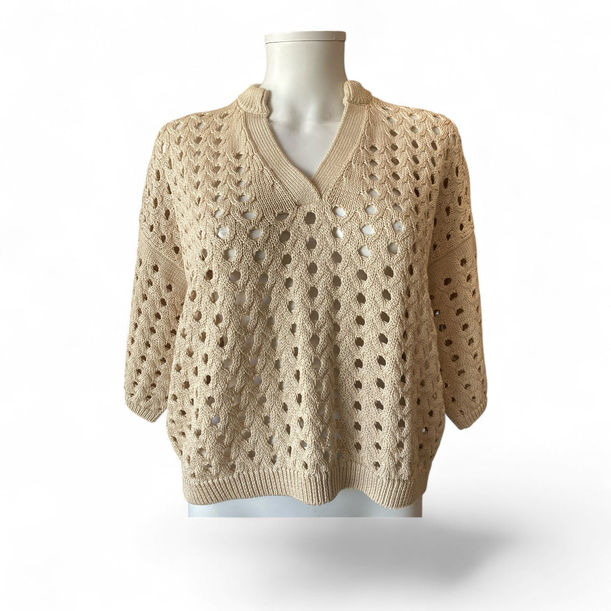 Max Mara Ottuso Open-Stitch Cotton V-Neck Sweater – Cream – Small