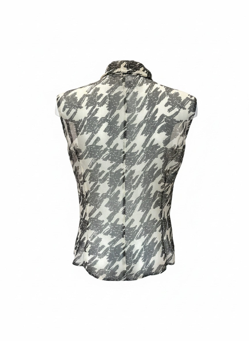 Max Mara Abstract Houndstooth Pussy-Bow Sleeveless Blouse - Size FR 46