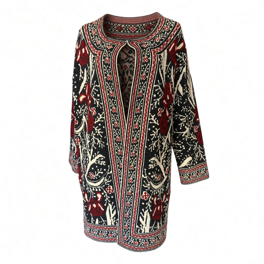 MaxSport Long Jacquard Knit Cardigan Coat – Red, Brown & Beige – Medium