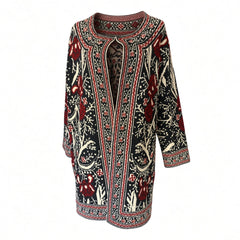 MaxSport Long Jacquard Knit Cardigan Coat – Red, Brown & Beige – Medium