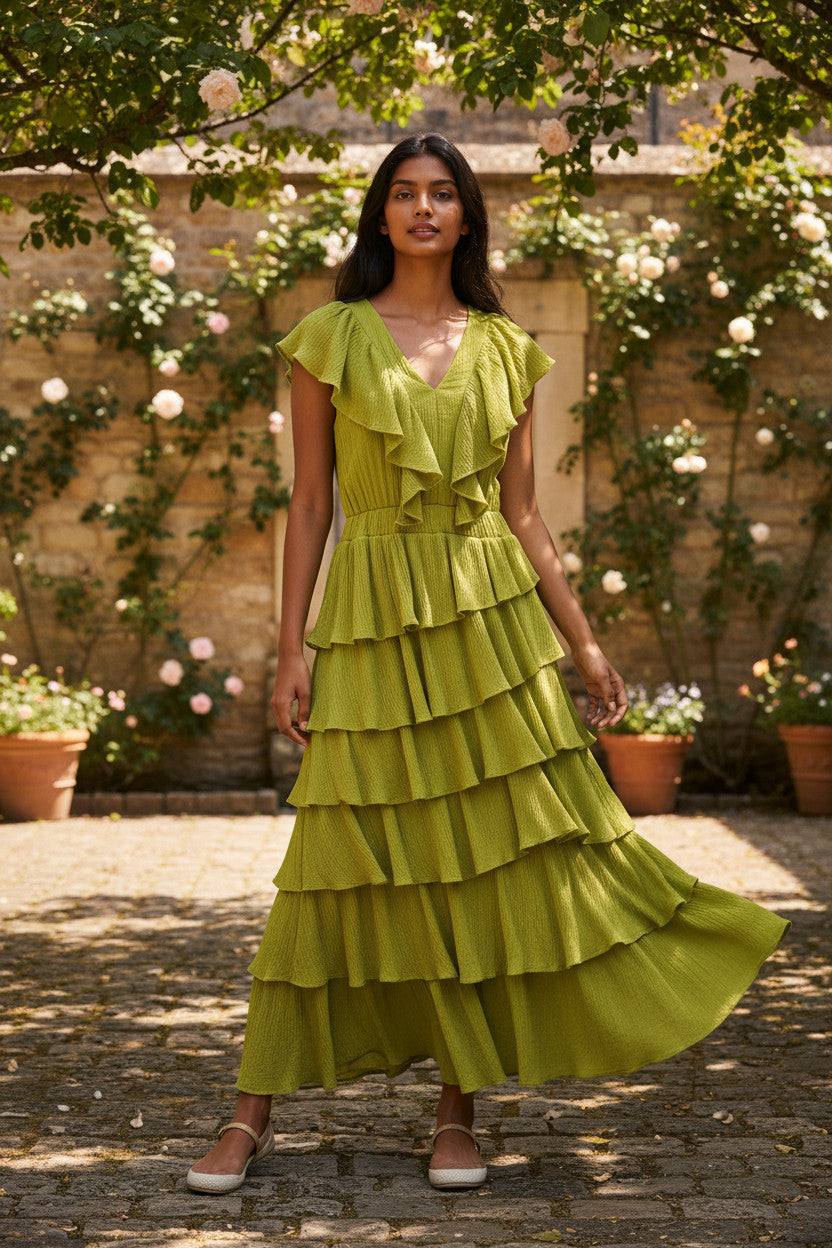 Milla Green Ruffle Tiered Midi Dress