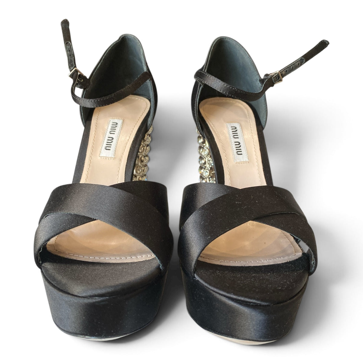Miu Miu Crystal-Embellished Satin Platform Sandals – Black – Size 38.5