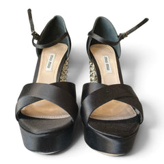 Miu Miu Crystal-Embellished Satin Platform Sandals – Black – Size 38.5