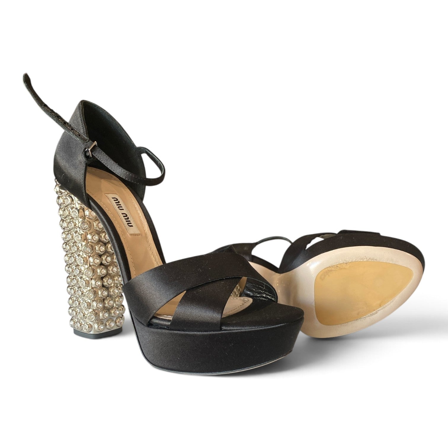 Miu Miu Crystal-Embellished Satin Platform Sandals – Black – Size 38.5