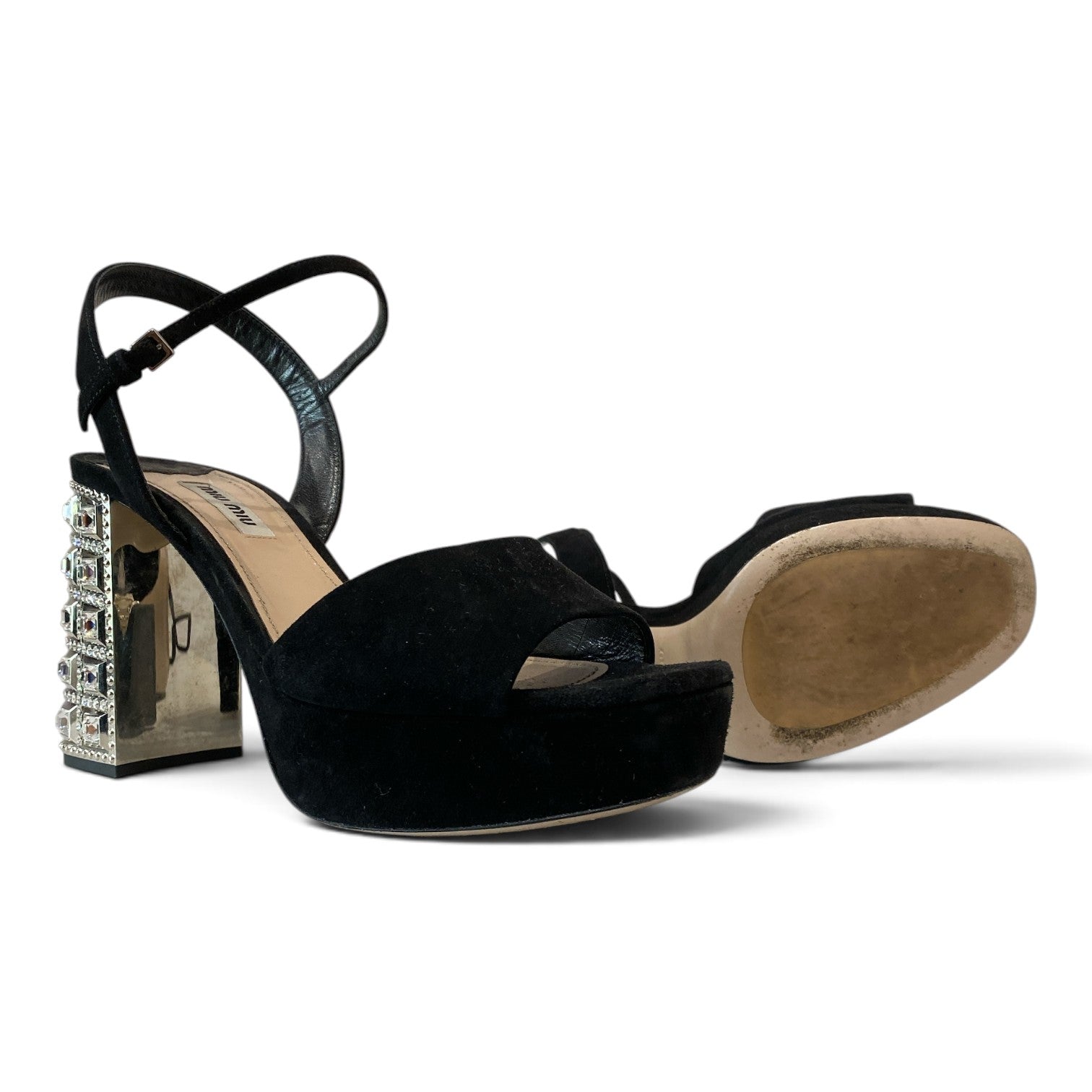 Miu Miu Crystal-Embellished Black Suede Platform Sandals – Size 38.5