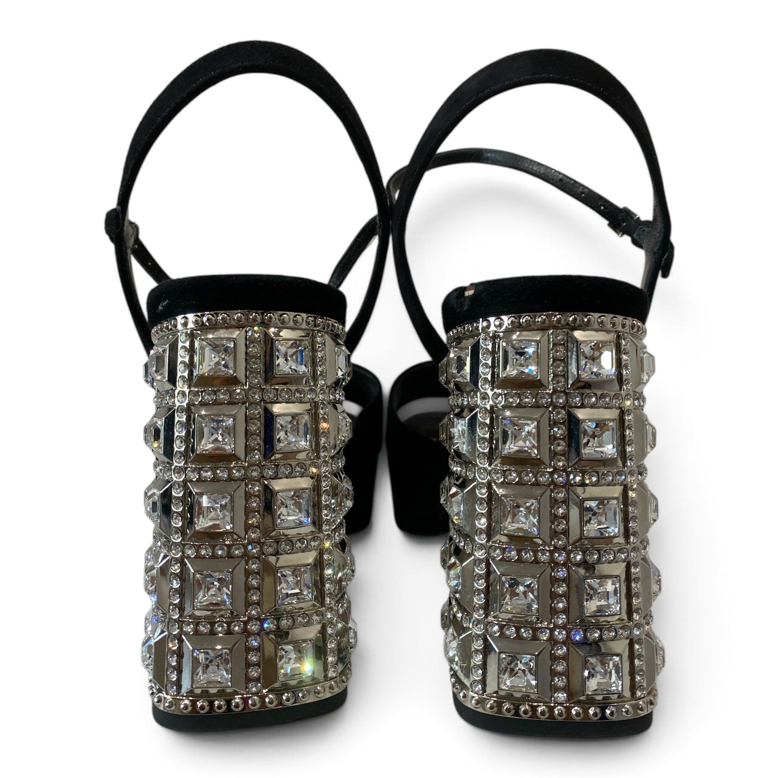 Miu Miu Crystal-Embellished Black Suede Platform Sandals – Size 38.5