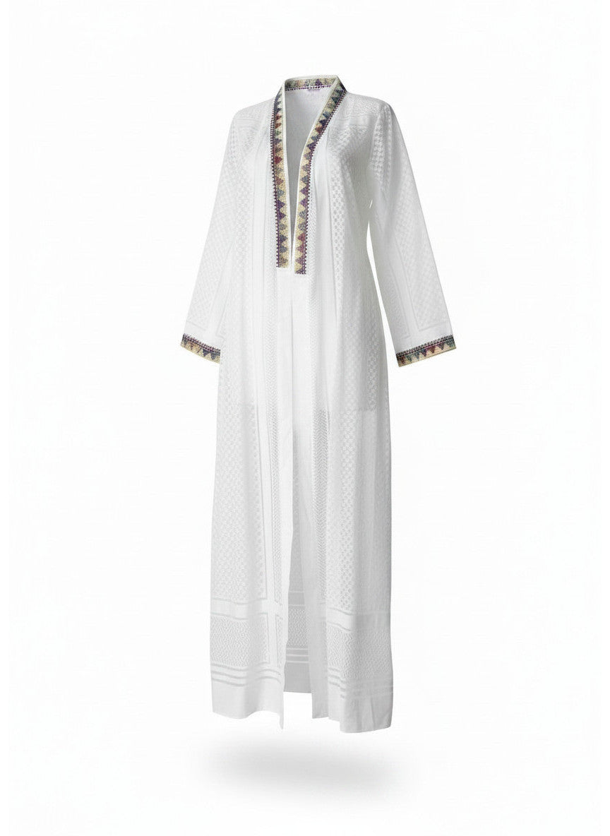 Mojo Embroidered White Open Kimono