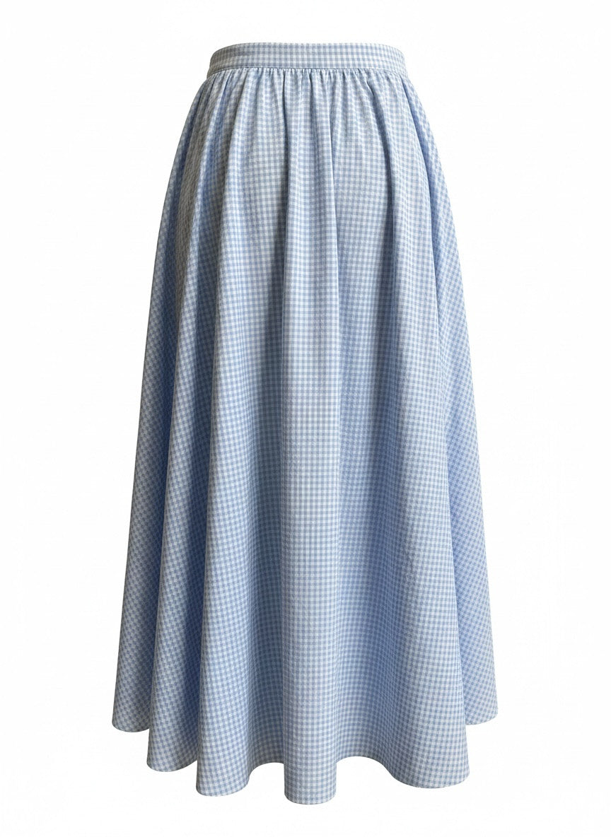 Miu Miu Blue White Gingham Ruffle Midi Skirt Lace Trim – Size 38 | Playful Feminine Statement
