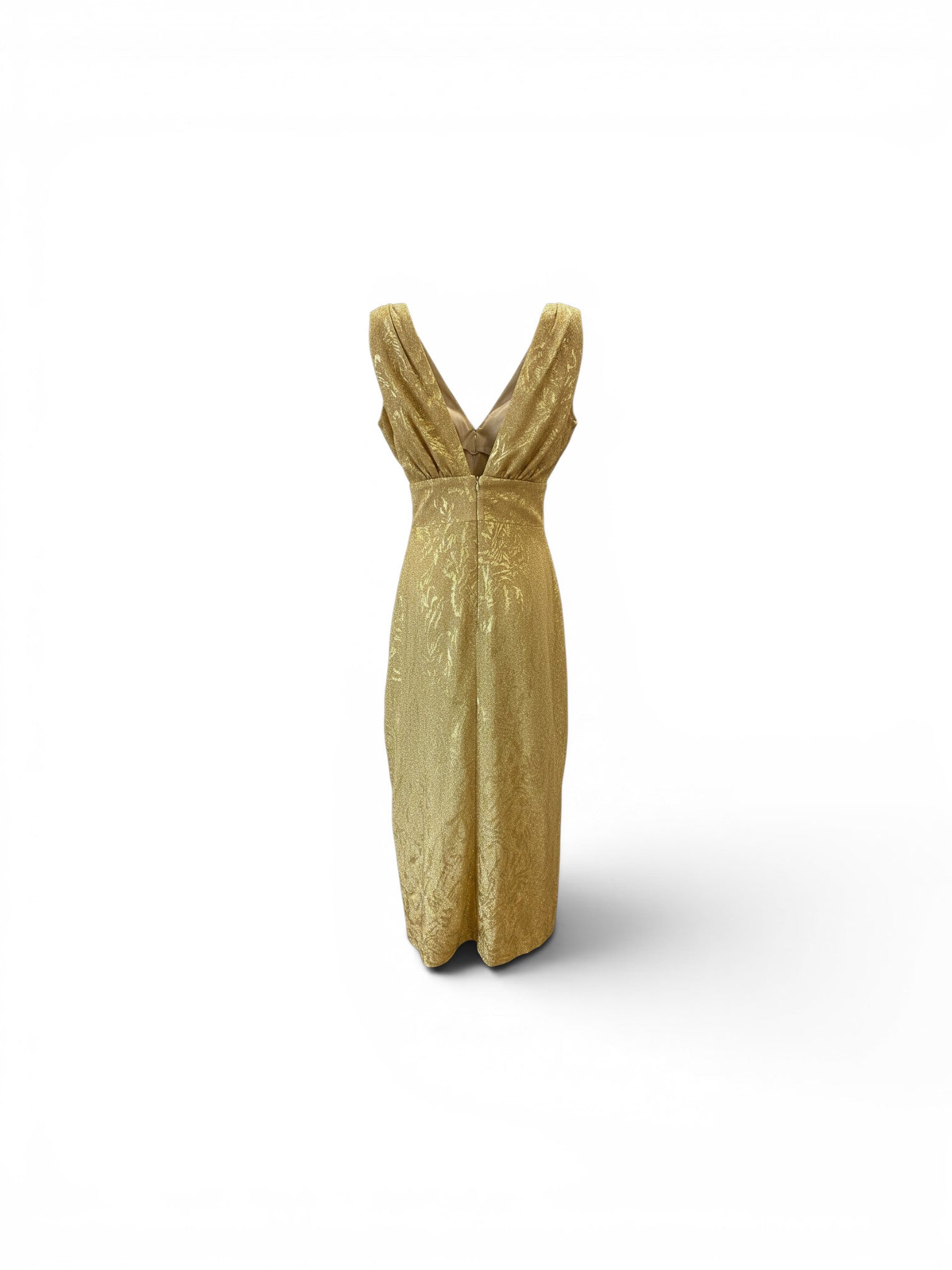 Mya Collection Gold Metallic Plunge Maxi Evening Dress - Size Small