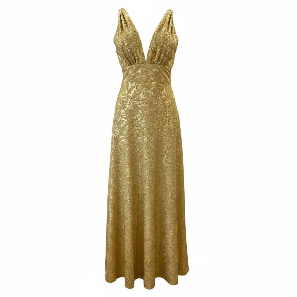 Mya Collection Gold Metallic Plunge Maxi Evening Dress - Size Small