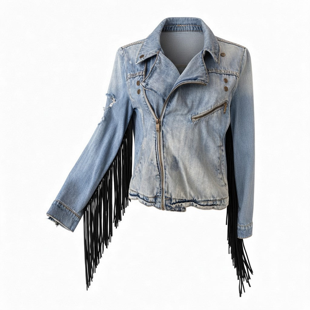 One Teaspoon Denim Jacket with Fringe – Blue & Black – Small