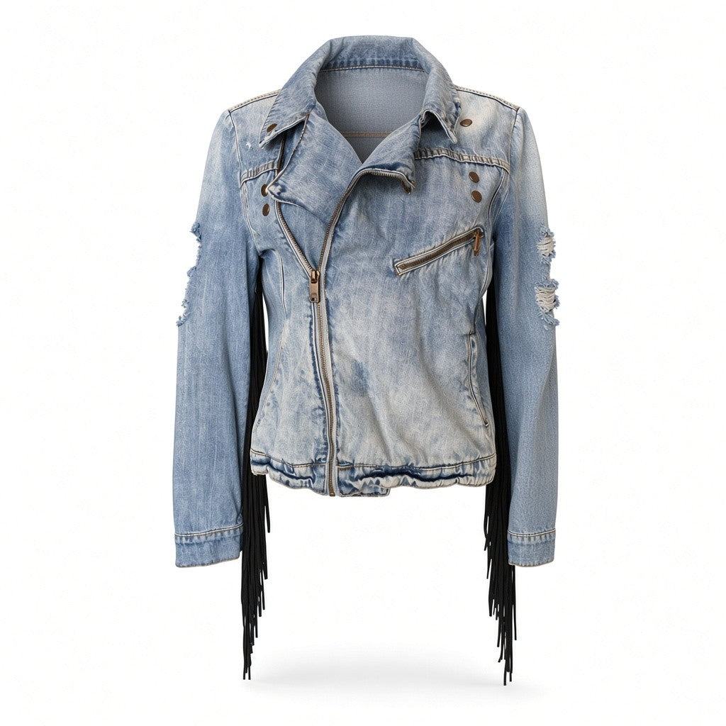 One Teaspoon Denim Jacket with Fringe – Blue & Black – Small