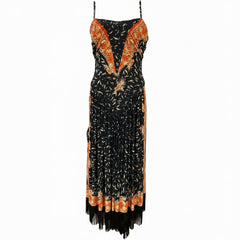 Paco Rabanne Black Orange Frieze Fringe Printed Midi Dress - Size 38