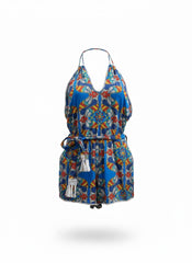 Paolita Blue & Red Printed Halterneck Romper – Bohemian Luxury Resortwear – Size Medium