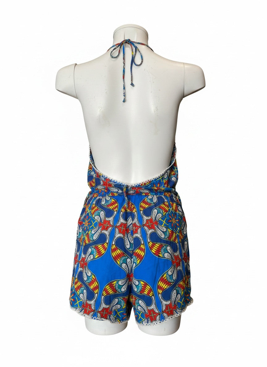 Paolita Blue & Red Printed Halterneck Romper – Bohemian Luxury Resortwear – Size Medium
