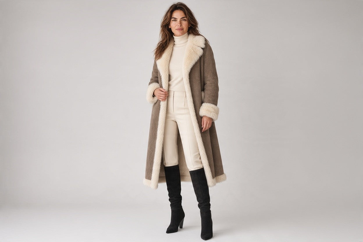 Pap Kik Beige Suede Leather Coat with Fur Trim – Size 3