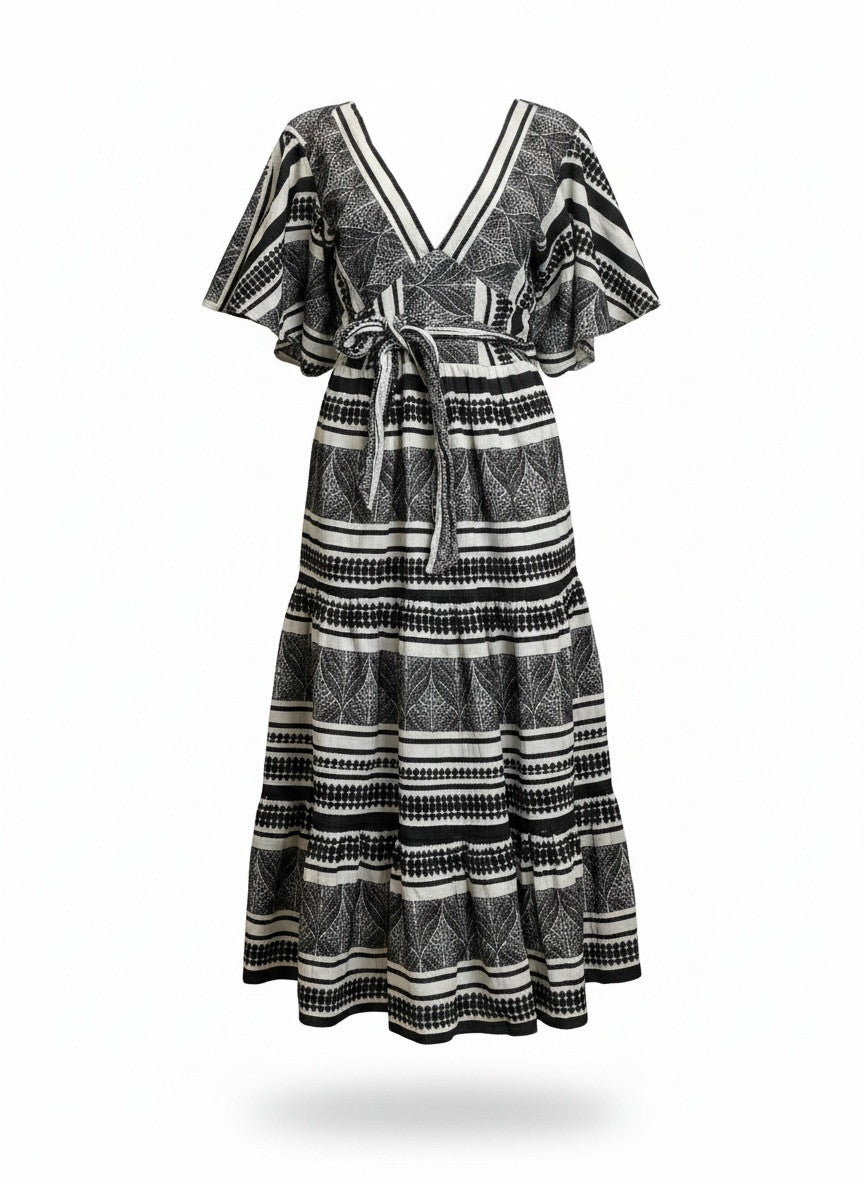 Pearl & Caviar Black & White Bohemian Maxi Dress – Greek Luxury Resort Dress – Size M/L