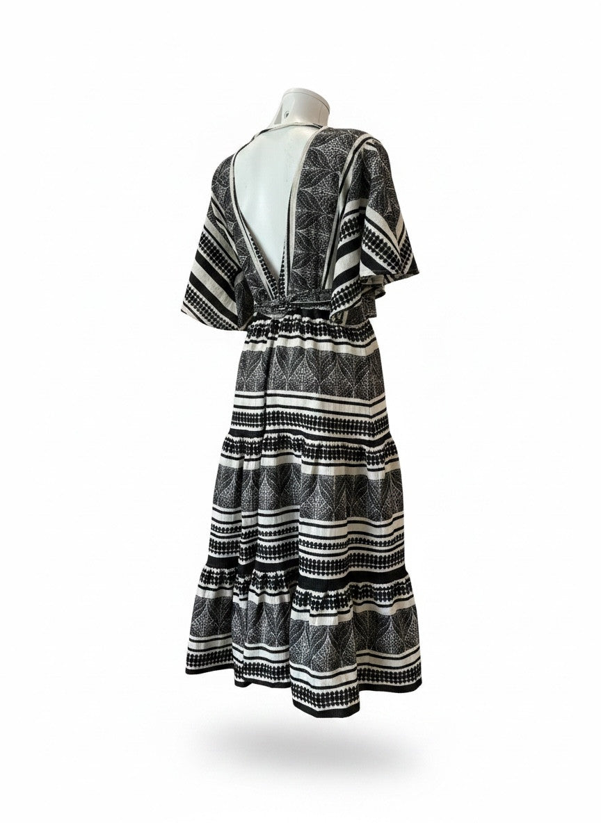 Pearl & Caviar Black & White Bohemian Maxi Dress – Greek Luxury Resort Dress – Size M/L
