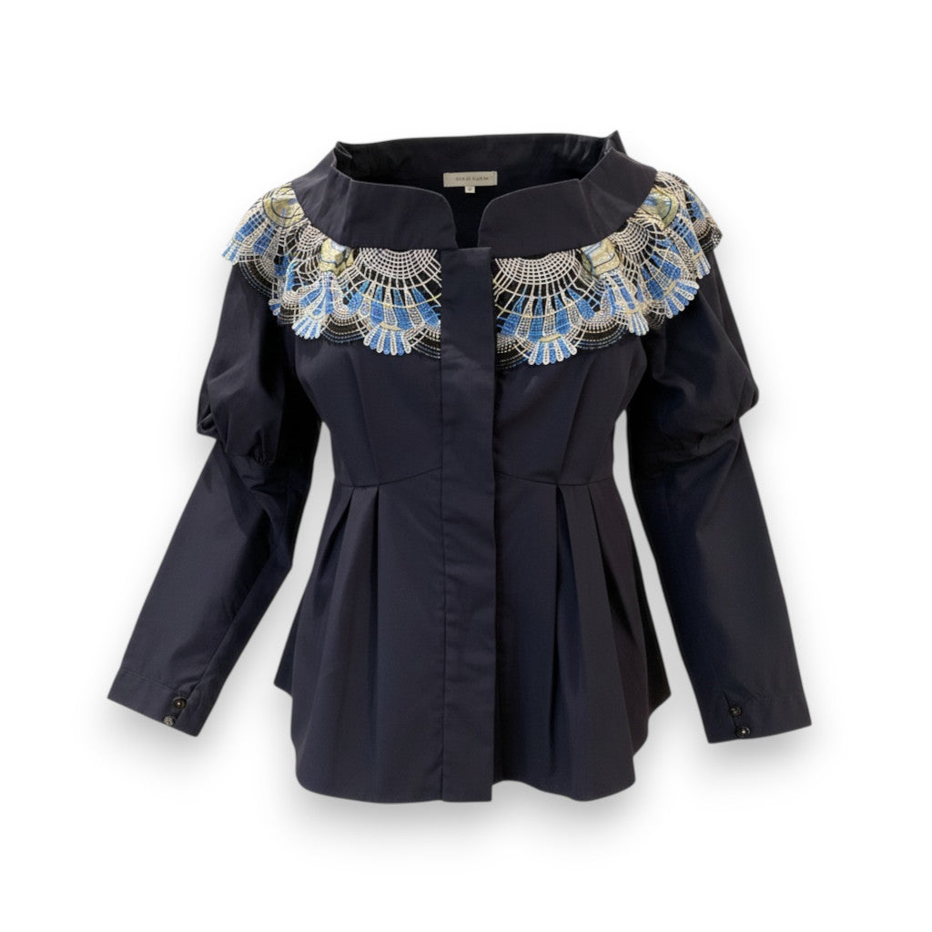 Peter Pilotto Navy Cotton Embroidered Statement Collar Top - Size 40