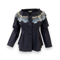 Peter Pilotto Navy Cotton Embroidered Statement Collar Top - Size 40