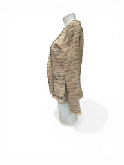 Forever New Tweed Bouclé Jacket Pink Black Frayed Trim Collarless - Size 8