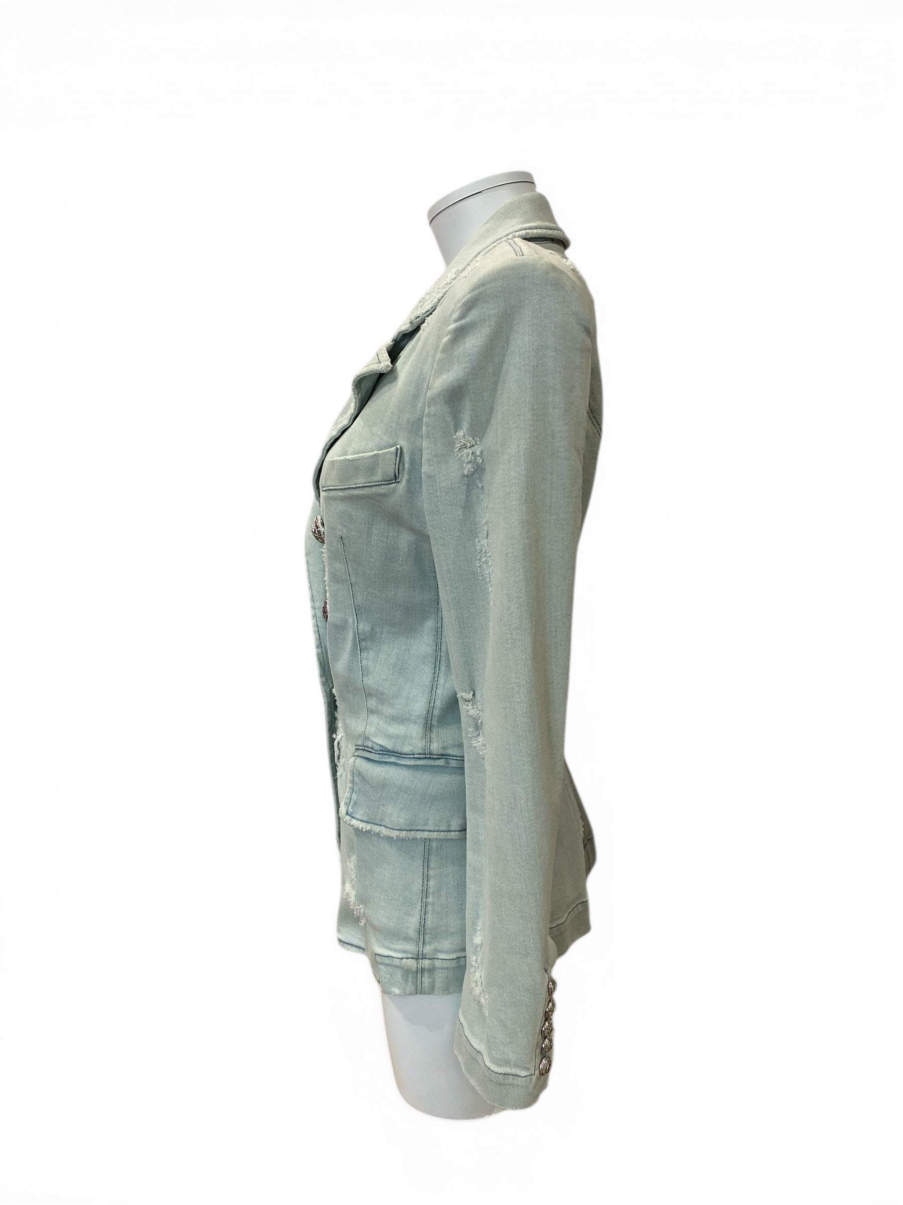 Balmain Double-Breasted Distressed Denim Blazer Light Wash Structured - Size 40