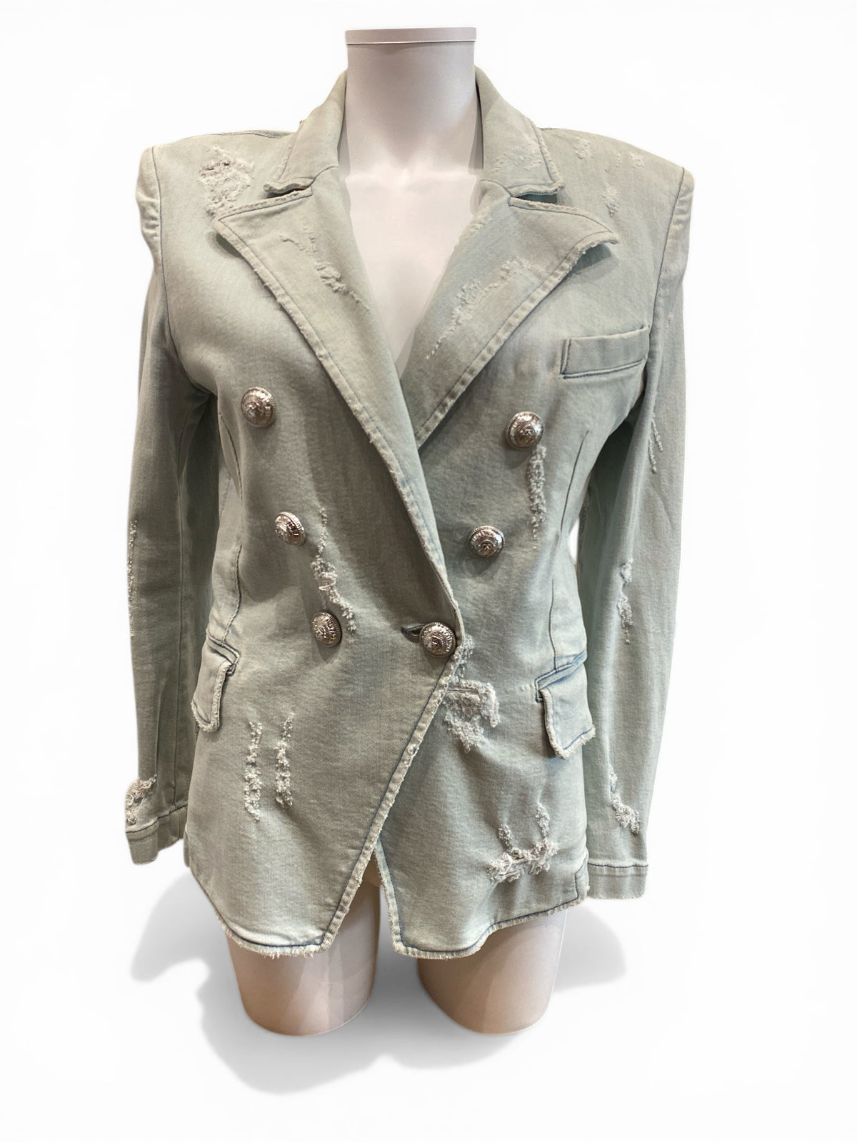 Balmain Double-Breasted Distressed Denim Blazer Light Wash Structured - Size 40