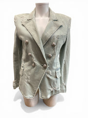 Balmain Double-Breasted Distressed Denim Blazer Light Wash Structured - Size 40