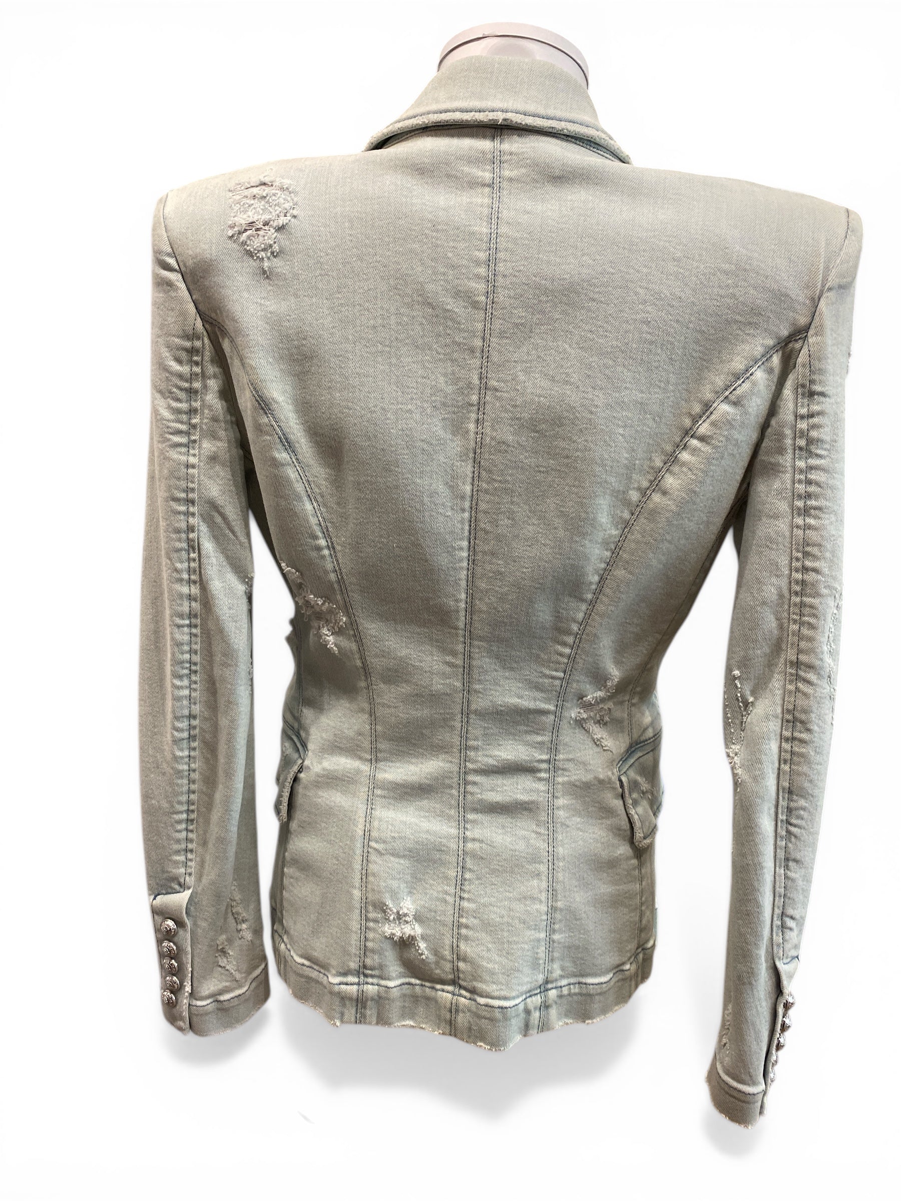 Balmain Double-Breasted Distressed Denim Blazer Light Wash Structured - Size 40