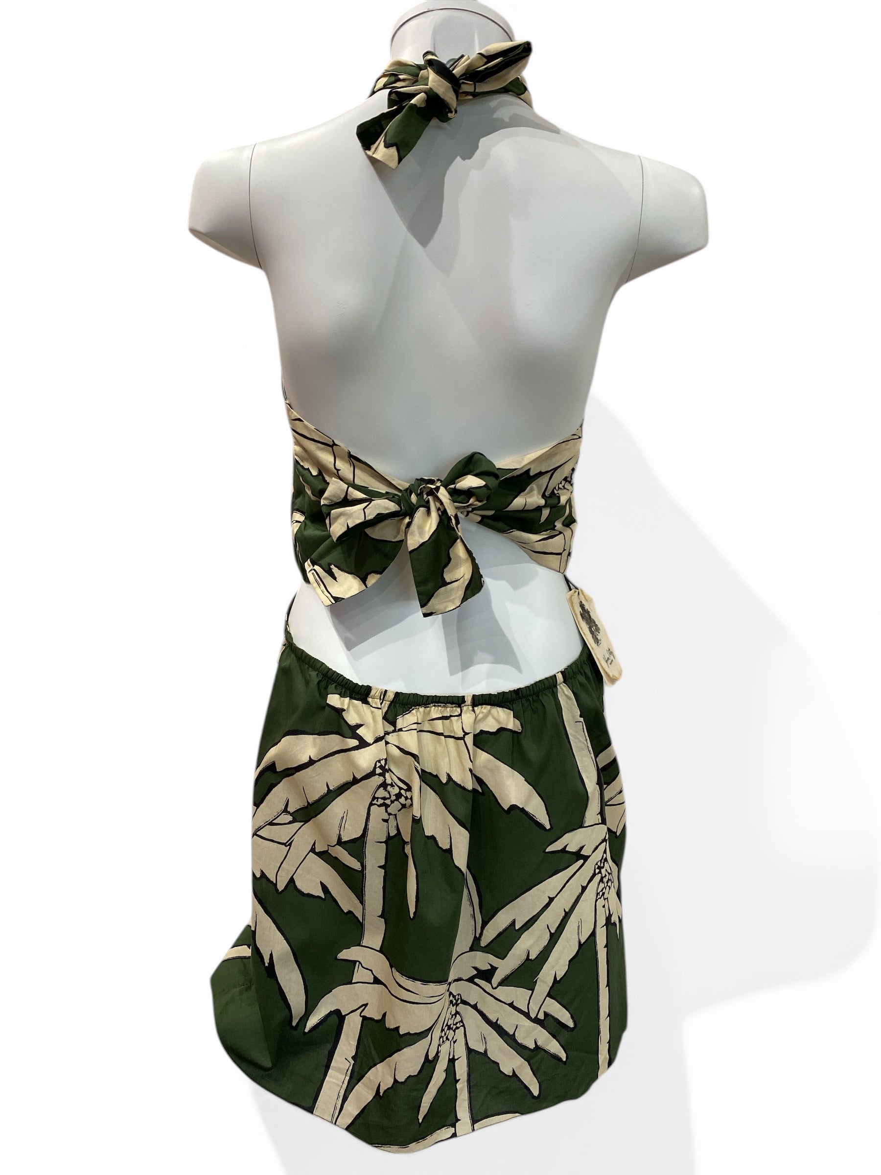 Johanna Ortiz Green & Beige Printed Linen Mini Dress Halterneck - Size 8