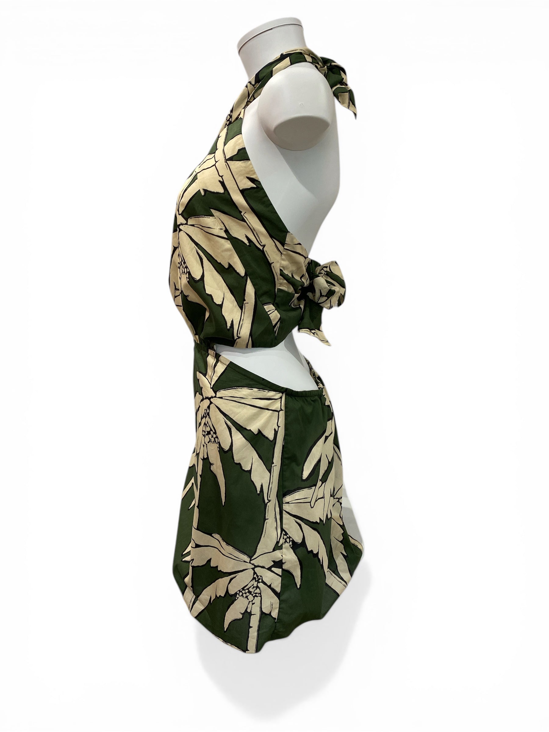 Johanna Ortiz Green & Beige Printed Linen Mini Dress Halterneck - Size 8