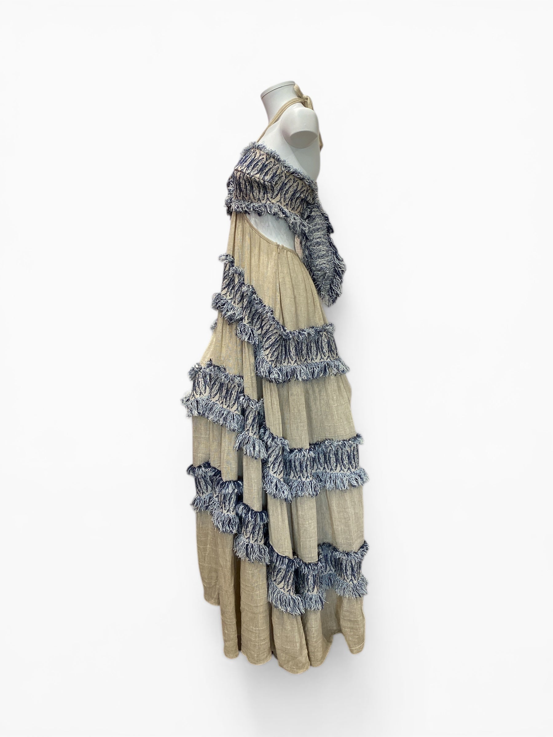 Lace Beige and Blue Tiered Maxi Dress Textured Fringed Halterneck - Size S