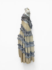 Lace Beige and Blue Tiered Maxi Dress Textured Fringed Halterneck - Size S