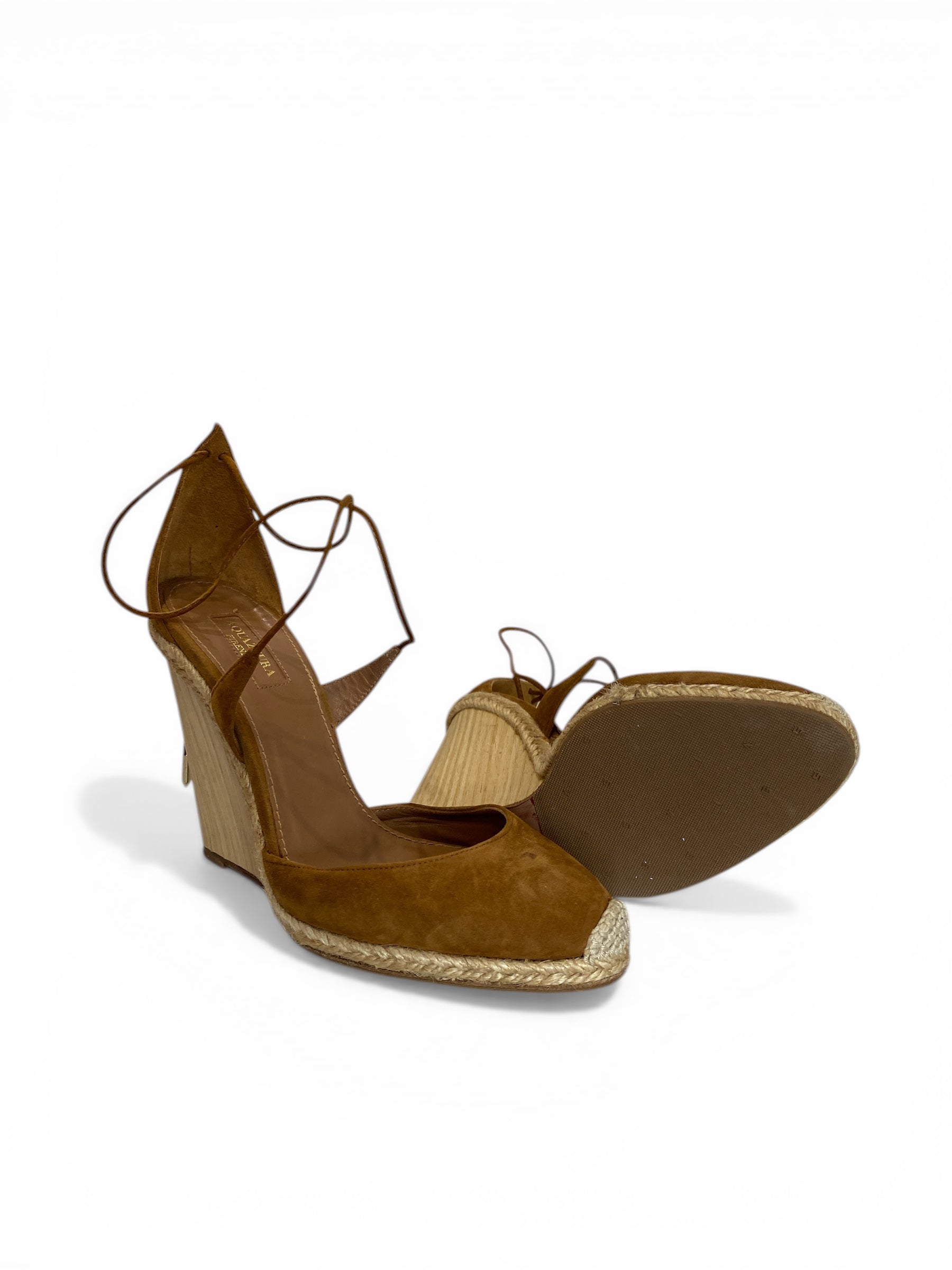 Aquazzura Karlie Suede Espadrille Wedge Sandals Brown Lace Up - Μέγεθος 39