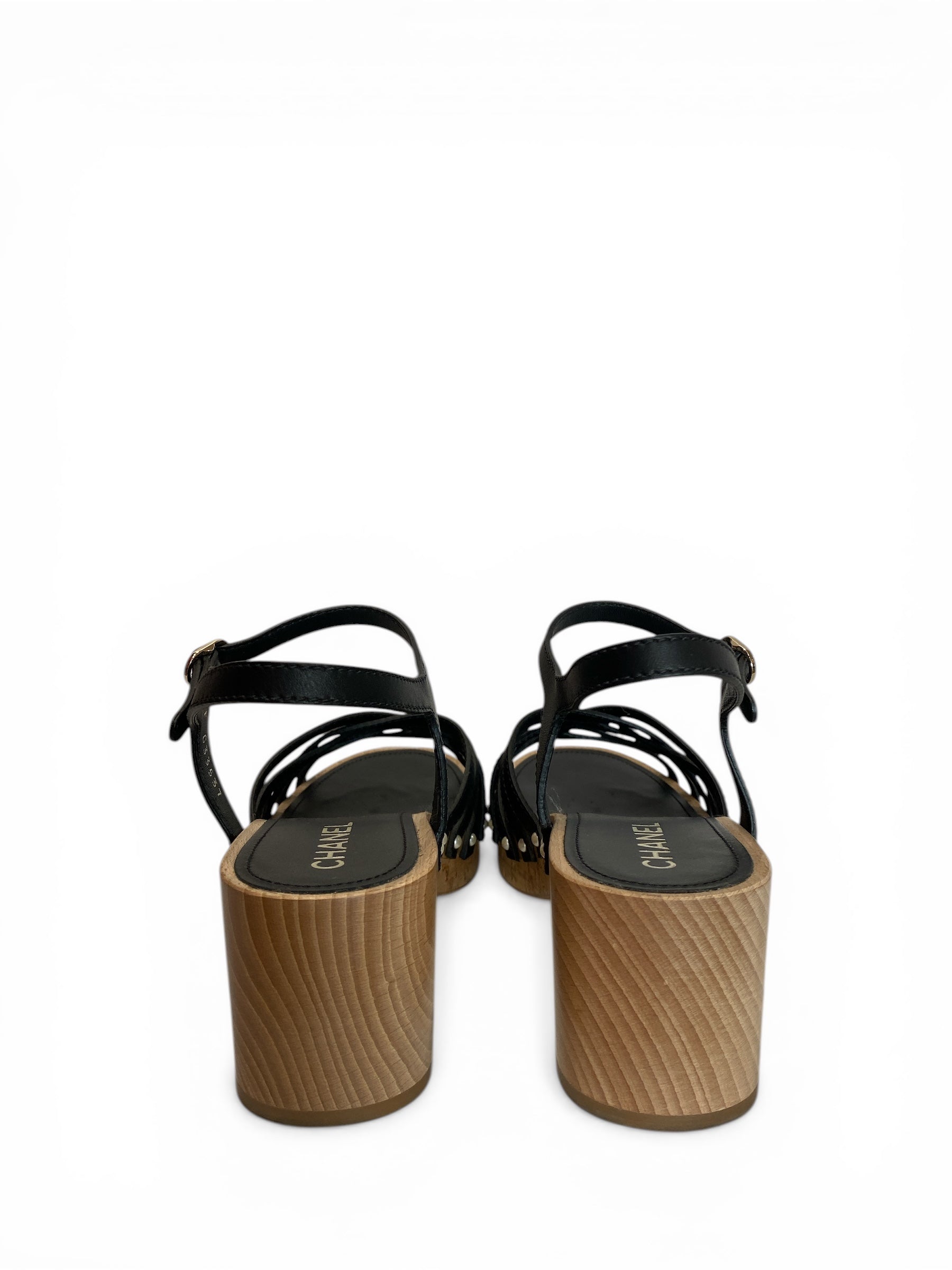 Sandalias de cuña Chanel de piel negra con plataforma de corcho, lujo de verano - Talla 41