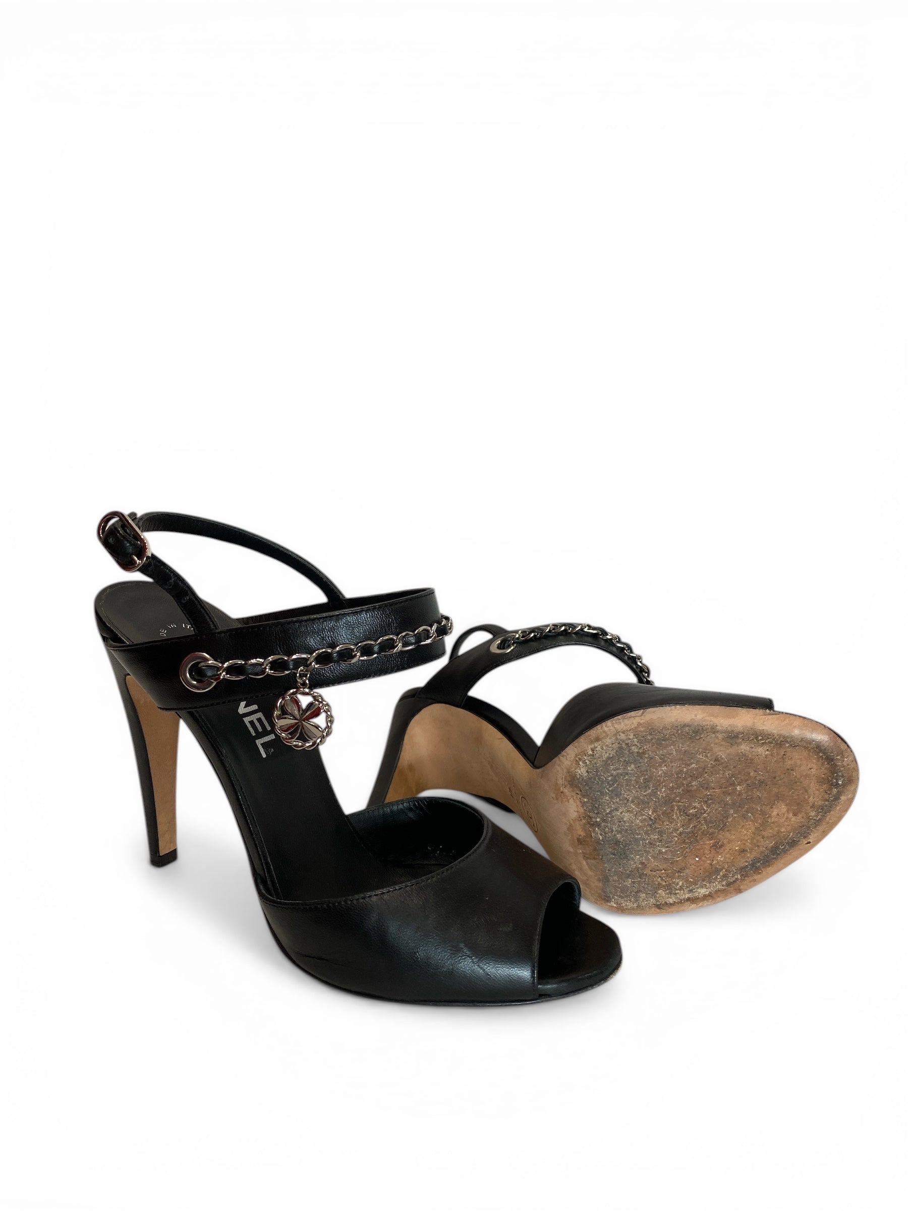 Chanel Black Leather Chain Strap Sandals Minimalist Luxury - Size 38