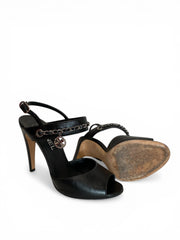 Chanel Black Leather Chain Strap Sandals Minimalist Luxury - Size 38