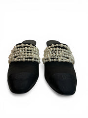 Chanel Black Fabric Pearl Embellished Mules Multi Row Faux Pearl Detail - Size 39