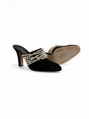 Chanel Black Fabric Pearl Embellished Mules Multi Row Faux Pearl Detail - Size 39
