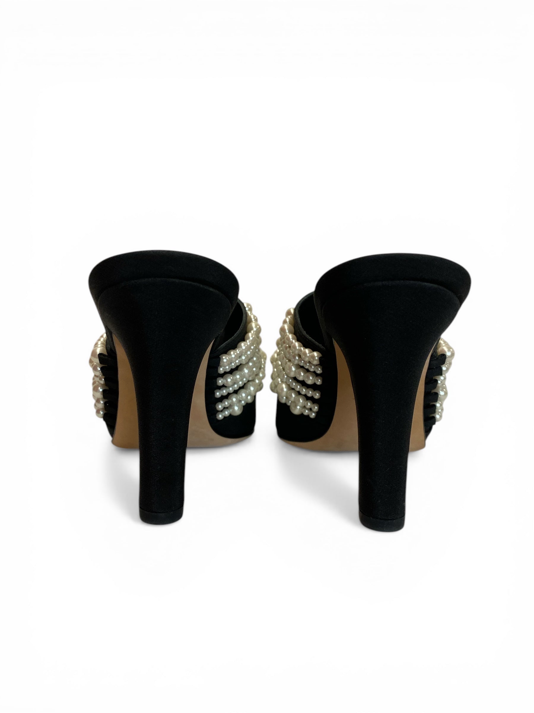 Chanel Black Fabric Pearl Embellished Mules Multi Row Faux Pearl Detail - Size 39