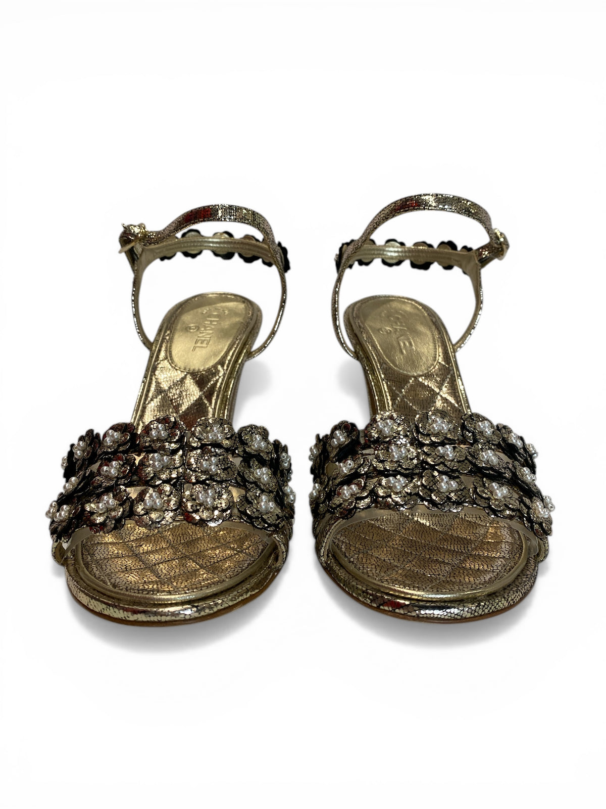 Chanel Gold Leather Camellia Embellished Sandals Ankle Strap Size - 37.5
