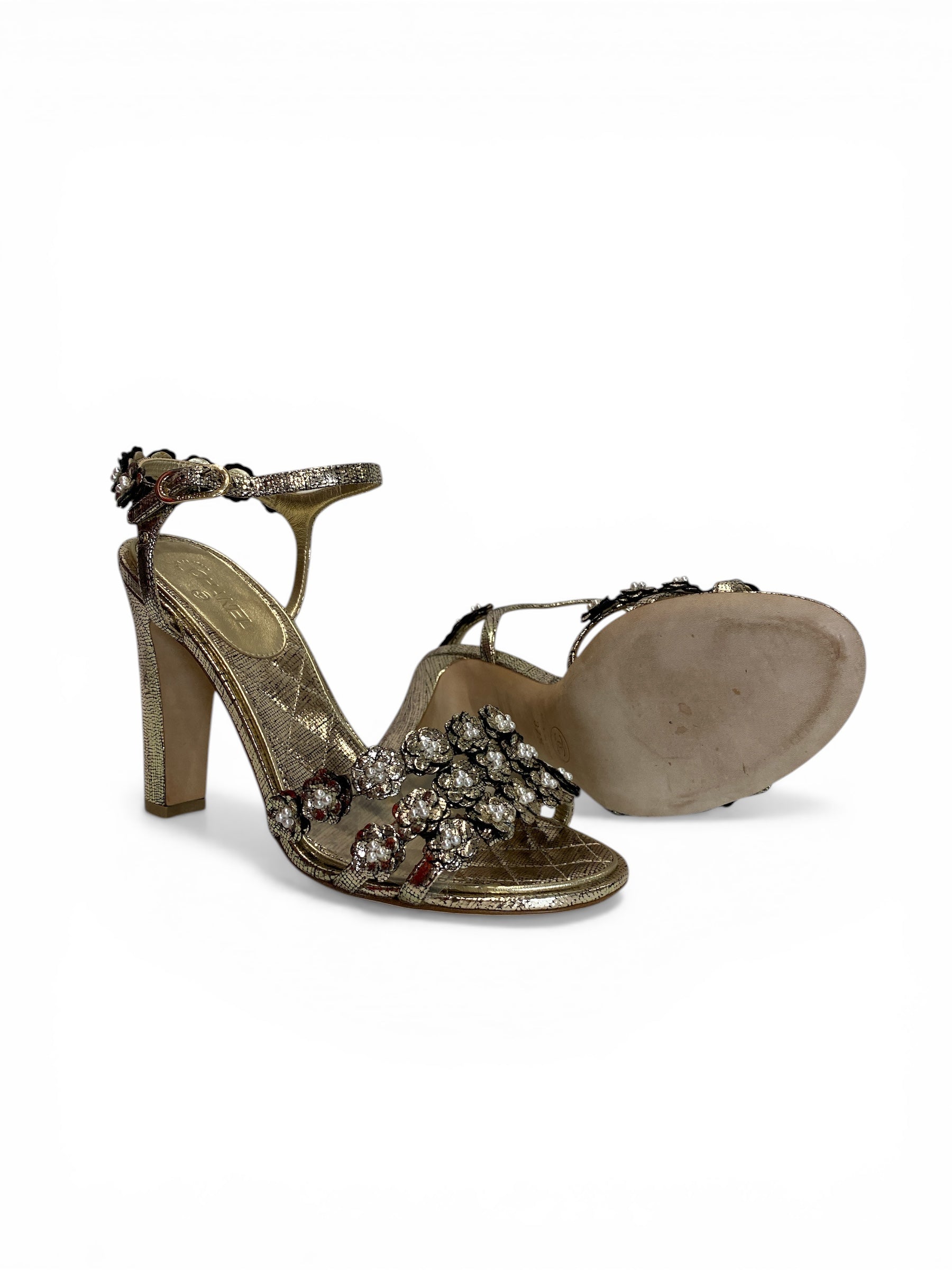 Chanel Gold Leather Camellia Embellished Sandals Ankle Strap Size - 37.5