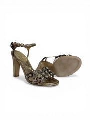 Chanel Gold Leather Camellia Embellished Sandals Ankle Strap Size - 37.5