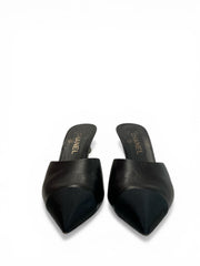 Chanel Black Leather Pointed Toe Mules Pearl Snake Heel Statement - Size 38