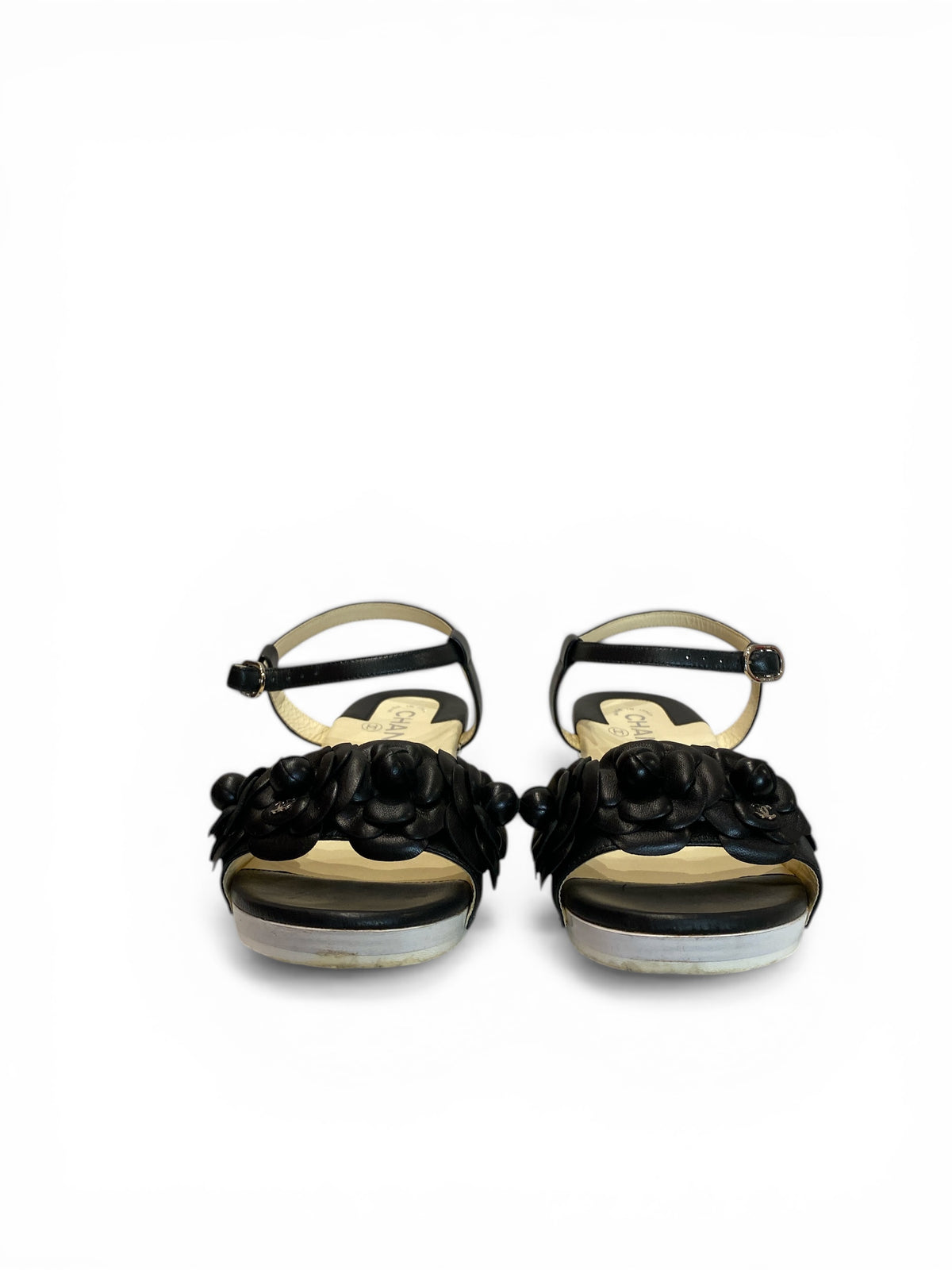Chanel Camellia Black Leather Block Heel Sandals Floral Motif Ankle Strap - Size 37