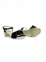 Chanel Camellia Black Leather Block Heel Sandals Floral Motif Ankle Strap - Size 37