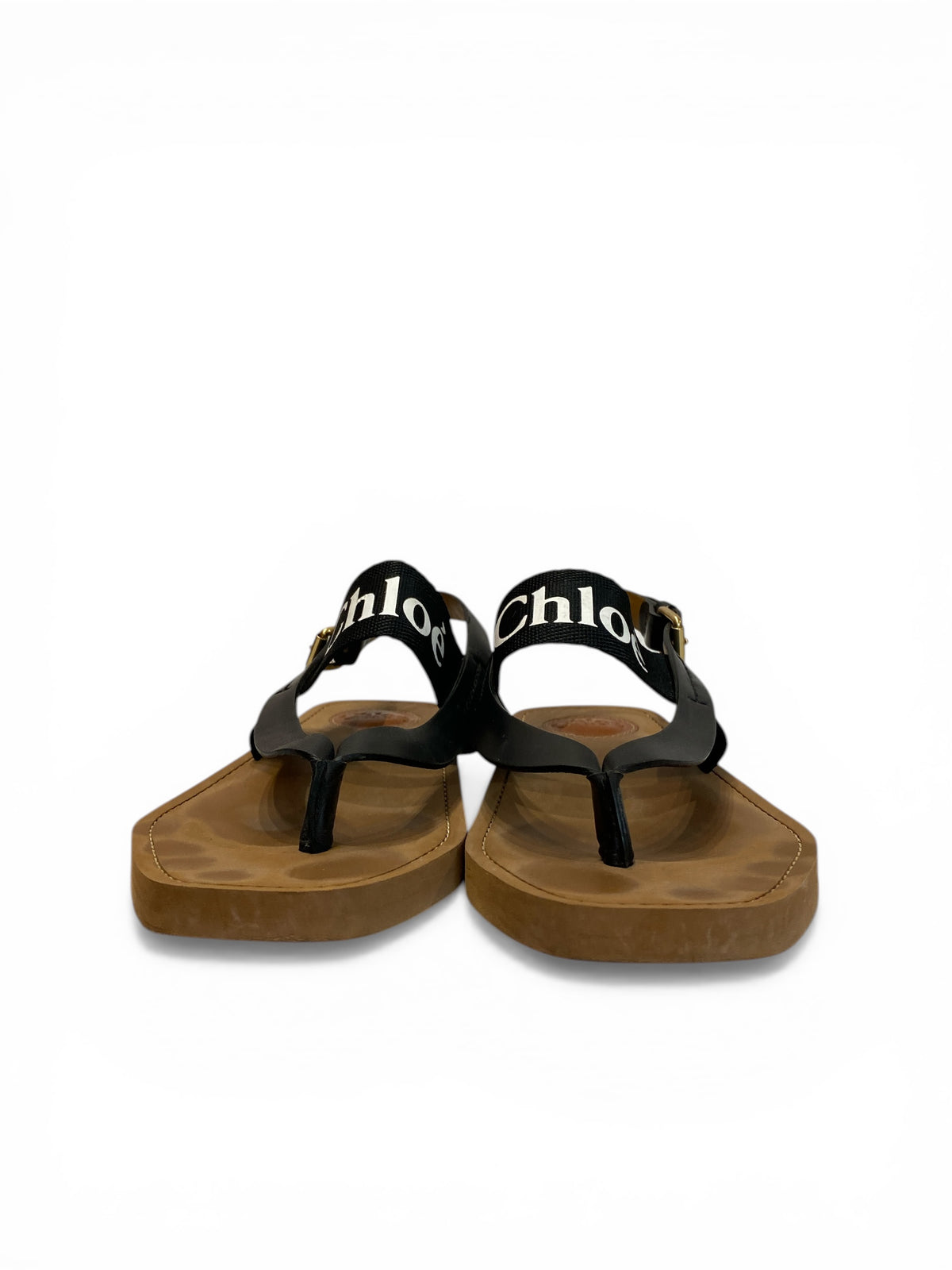 Chloé Logo Strap Flat Sandals Black Leather Wood Sole - Size 38