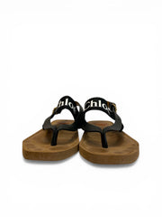 Chloé Logo Strap Flat Sandals Black Leather Wood Sole - Size 38