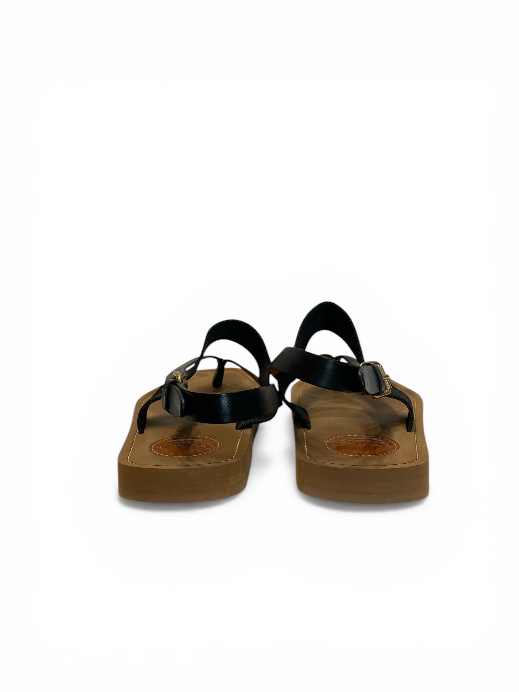 Chloé Logo Strap Flat Sandals Black Leather Wood Sole - Size 38